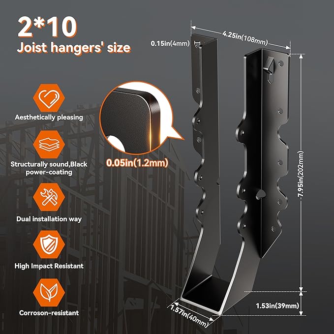 20 Pcs Black Joist Hangers 2X10, Rafter Brackets , Hurricane Straps for 2x10 Face Mount Joist Hangers 2X10 for Shed/Barn/Coop/Porch/Truss, Structurally Sound and Aesthetically Pleasing