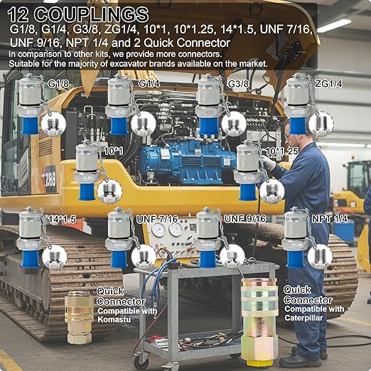 Hydraulic Pressure Test Kit w/ 4 Gauges & 12 Coupling, Excavator Pressure Gauge Testing Tester Coupling Set