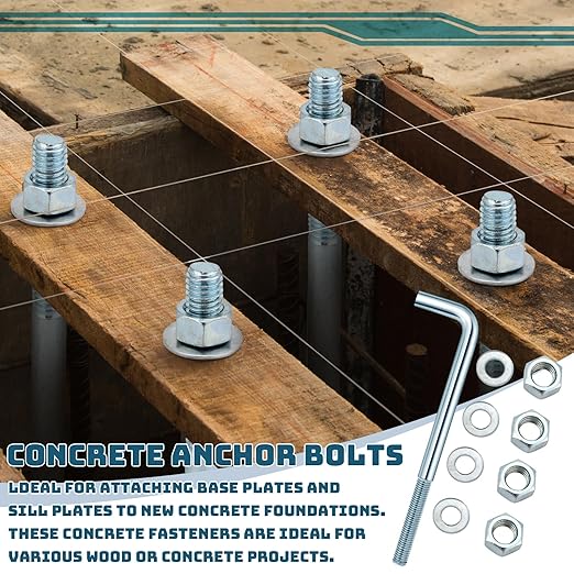 10 Pcs J Bolt Galvanized Anchor Bolts Galvanized Concrete Fastener Concrete Cement Post Anchor with Nuts and Washers for Foundation Wall Hardware Brick Projects, Gray(1/2-13 x 8)