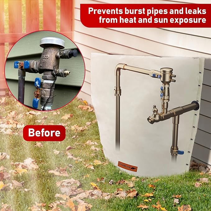 Redford Supply Co. Cold Snap (5°F) Backflow Preventer Insulation Cover, 3-Way Custom, 28"W x 20"H, Pipe Insulation, Water Sprinkler Covers for Outside, Sprinkler Backflow Cover for Winter (Beige)