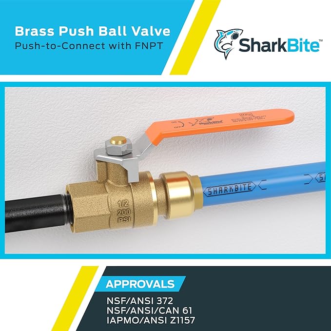 SharkBite 1/2 x 1/2 Inch Ball Valve with FNPT Connector, Push to Connect Brass Plumbing Fitting, PEX Pipe, Copper, CPVC, PE-RT, HDPE, 22182-0000LF