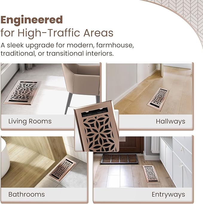 Floor Register 4x10 Vent Cover – 8 Pack – Heavy-Duty Steel, Rustproof & Walkable Grates, Drop-in Install, Adjustable Air Supply Switch - Decorative Floral Design, Satin Bronze