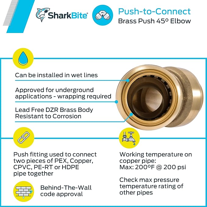 SharkBite 1 Inch 45 Degree Elbow, Push to Connect Brass Plumbing Fitting, PEX Pipe, Copper, CPVC, PE-RT, HDPE, U660LFA