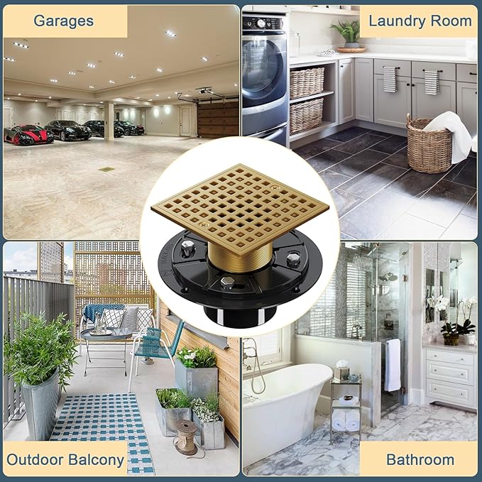 4-1/4" Square Shower Drain Kit - Champagne Bronze 304 Stainless Steel Low Profile Floor Drain with ABS Flange & Hair Catcher (Fits 2"/3" Pipes, Gold Finish)