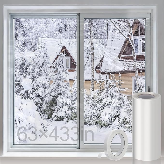 Thicken 63×433in Window Insulation Kit for Winter - Fits 10 Windows of 3' x 5' Clear Plastic for Patio Winterizing, Heat Shrink Cuttable Window Film with Double-Sided Tape