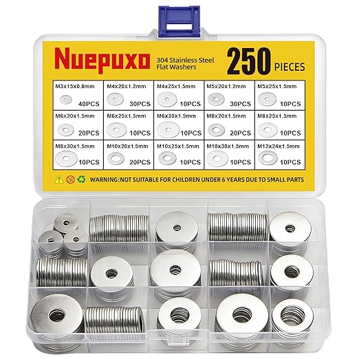 250PCS Flat Washers Assortment Kit, 304 Stainless Steel Fender Washers, 15 Sizes (M3 M4 M5 M6 M8 M10 M12) Metric Metal Washers for Screws and Bolts, Automotive Industrial Home Use
