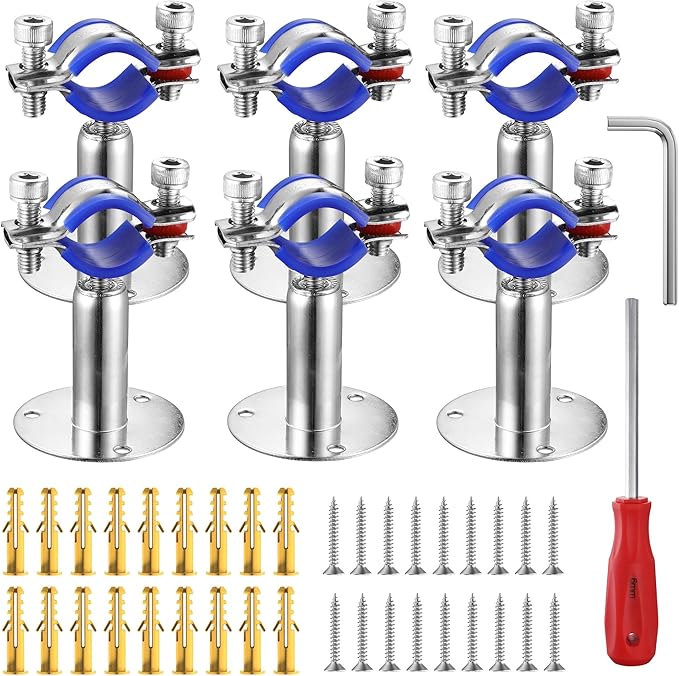 6PCS 304 Stainless Steel Wall Mount Ceiling Mount Pipe Supports,Suitable for OD Pipe 25-27mm,Adjustable Height 50-100mm,Adjustable Pipe Strap Clamp with Screws
