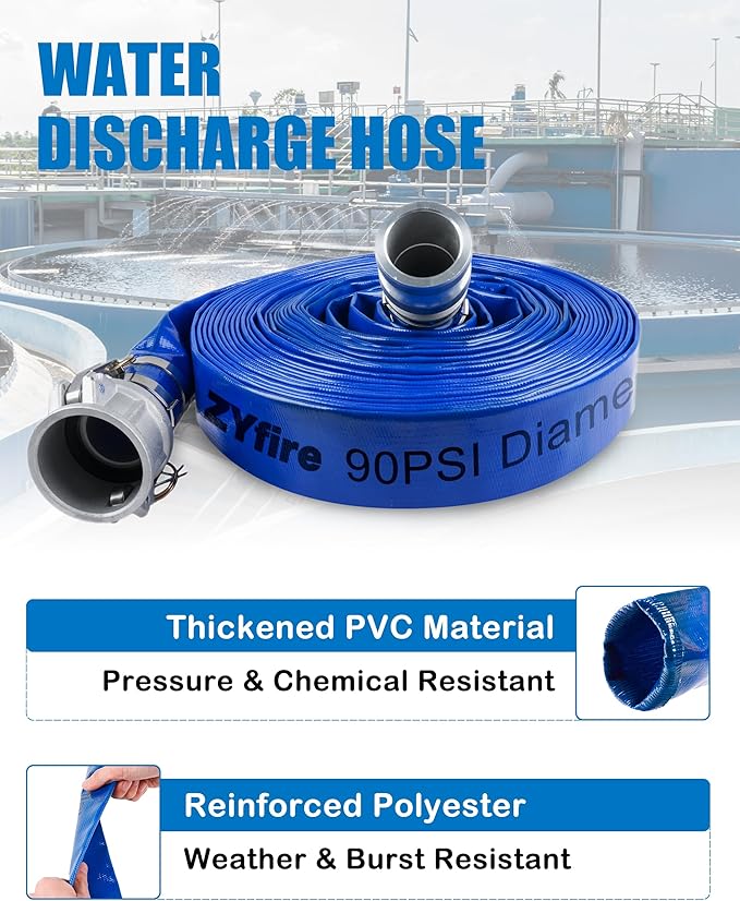 ZYfire Backwash Hose - 1-1/2" x 100 FT PVC Lay Flat Discharge Hose with Aluminum Camlock C & E Fittings Heavy Duty Reinforced Pump Discharge Hose Weather and Burst Resistant for Pool Drain, Sump Pump