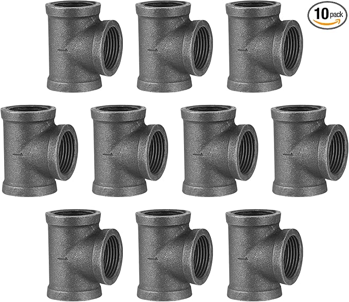 1" Pipe Fitting Tee, 10 Pack DN25 Threaded Gray Cast Malleable Iron Tee for Steampunk Vintage Shelf Bracket DIY Plumbing Pipe Decor Furniture (10, 1")