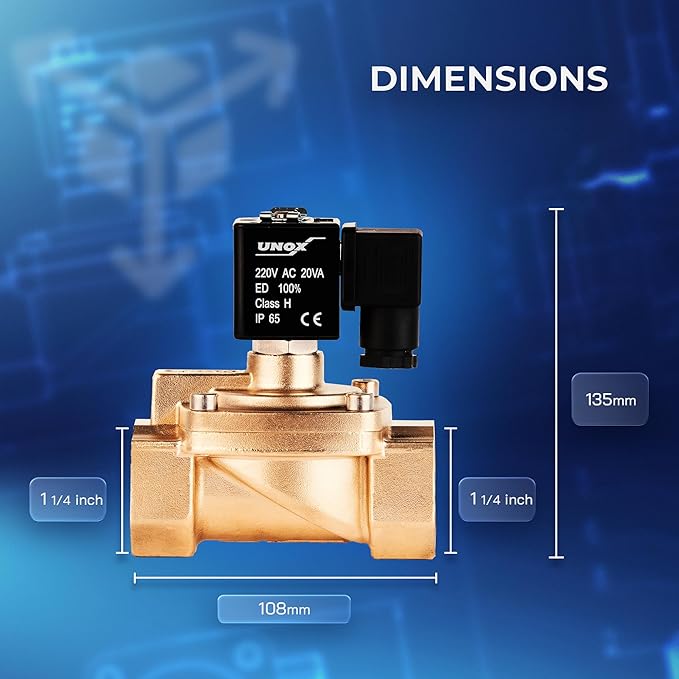 UNOX 1 1/4" NPT Solenoid Valve 220V AC, Brass Control Valve Normally Closed - 7-232 PSI Multi-Purpose Reliable Control Valve for Water, Air, and Gas - Solenoid Valves
