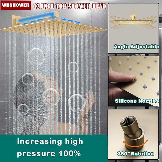 Temperature Display Rain Mixer Shower Faucet Set with 6 pcs Body Jets 12 inch Square Rainfall Shower Head with Handheld Spray Wall Mounted Rough-in Valve and Trim Included,Brushed Gold