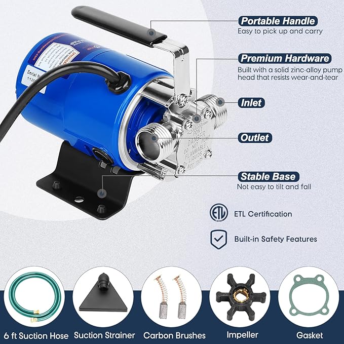 Water Pump, 115V 1/10HP 330GPH Water Transfer Utility Pump, With ON/OFF Switch And Suction Hose Kit.