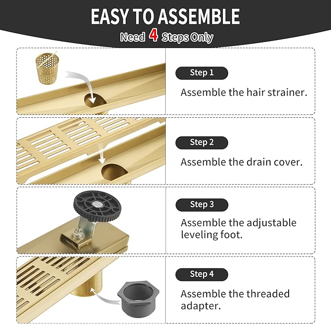 Linear Shower Drain 32 Inch,Rectangular Shower Drain SUS-304 Stainless Steel, 51L/Min Fast Drainage Floor Linear Drain, US Standard CUPC Certified, Zirconium Gold, SD-109