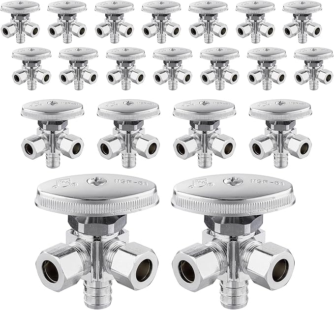 (Pack of 20) Seelink Multi-Turn Dual Outlet Angle Stop Valve, 1/2" Pex Crimp F1807 Pipe Inlet x (3/8 inch x 3/8 inch) Compression Outlets, Chrome Plated Brass