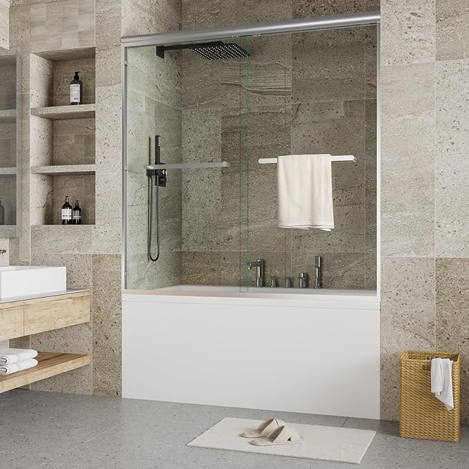 59" W x 60" H Single Sliding Shower Door - Bypass Space Saving Design with 1/4” Clear Tempered Glass & Aluminum Alloy Frame, Easy Installation & Reversible Hinges, Brushed Nickel Finish