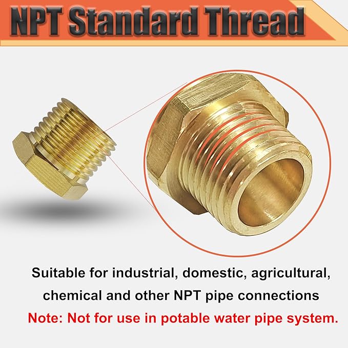 Brass 1" NPT Male to 3/4" Female Reducer Bushing, Brass Pipe Hex Bushing NPT Male to Female Pipe Fitting Adapter for Reduce Pipe (1”mnpt-3/4”fnpt)