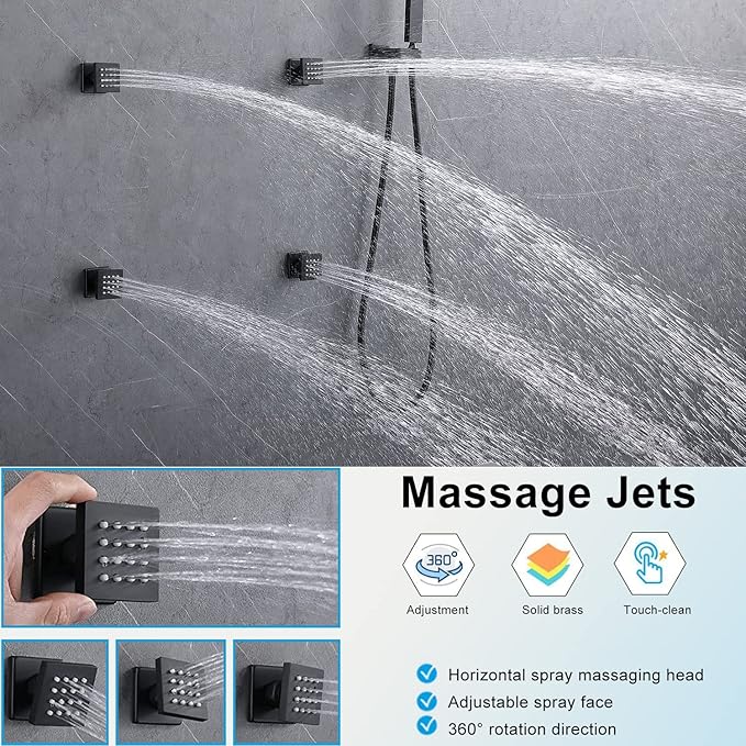 Temperature Display Full Body Shower Faucet Set with 6 pcs Body Jets 12 inch Square Rainfall Shower Head with Handheld Spray Wall Mounted Rough-in Valve and Trim Included,Matte Black