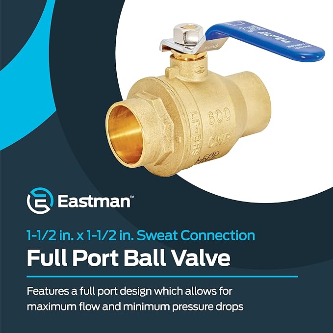 Eastman Heavy Duty Full Port Brass Ball Valve, 1-1/2 in Sweat x 1-1/2 in Sweat Connection, 20069LF