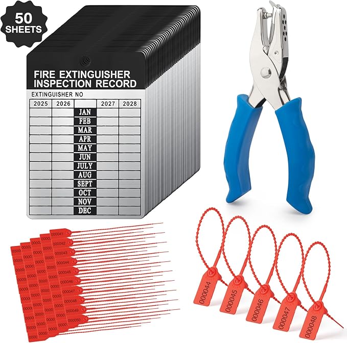 50 Sets 2025–2028 Fire Extinguisher Tags Aluminum Metal Inspection Record Tags 2.2 x 3 Inch with Hole Puncher & Numbered Security Zip Ties for Monthly Fire Extinguisher Inspection Indoor Outdoor