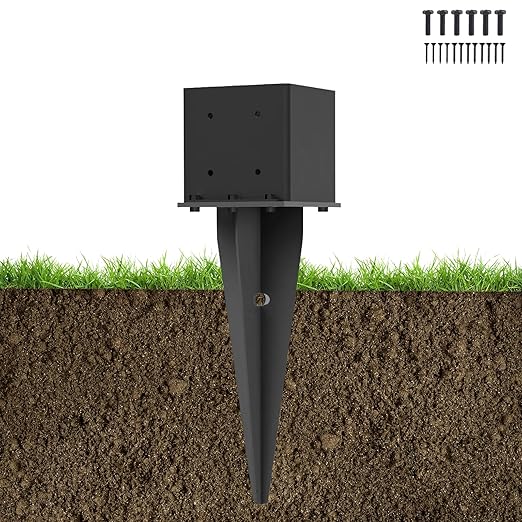 1 Pcs 6"x6" Fence Post Anchor Ground Spike 22"(Actual 5.6"x5.6") Heavy Duty Metal Fence Post Anchor with Black Powder-Coated for Deck,Fence,Porch,Railing,Mailbox
