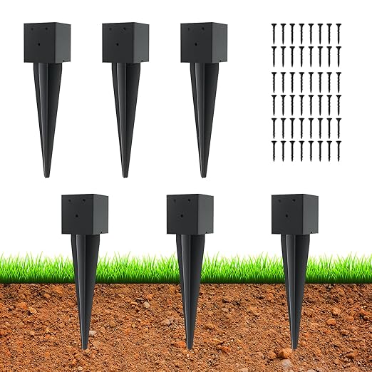 6 Pcs 4"x4" Fence Post Anchor Ground Spike,(Internal 3.6"x3.6"),Metal Post Stake Ground 16" with Black Powder-Coated,Fence Stakes Post Base for Deck,Fence,Porch,Railing,Mailbox