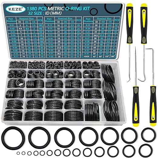 KEZE 32 Size 1380 Pcs Metric Rubber O Rings Assortment Kit with 4 Pieces O Rings Remover Tools Set for Assorted Faucet Plumbing Automotive Repair Air or Gas Sealing ID 3mm-50mm
