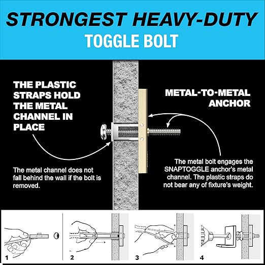 TOGGLER SNAPTOGGLE Heavy-Duty Drywall Toggle Bolt – 3/16"-24 UNC Zinc-Plated Anchor for Hollow Walls, Plaster & Tile – Holds 238 lbs in 1/2" Drywall, Easy Install – 100 Pack (W/Flathead Bolts)