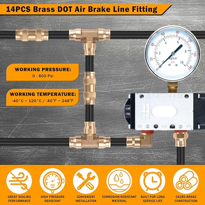 14 Pcs 1/4" Brass DOT Air Line Fittings Kit 1/8" 1/4" DOT Push Lock Air Fittings NPT Thread & Quick Connect Air Hose Fittings Kit
