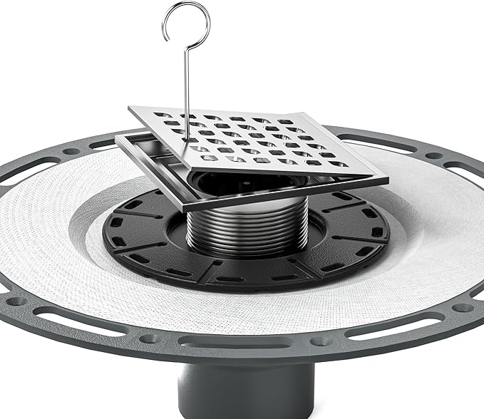 Square Shower Drain, 4" Brushed 304 Stainless Steel Drain Grate Removable Drain Key with PVC Bonding Flange Base for Low Profile Shower Floor Tiles, CUPC Certified