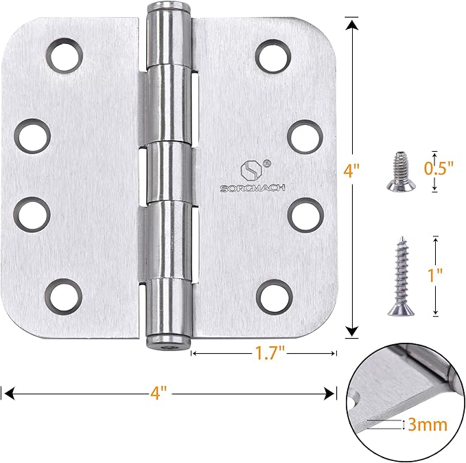 Satin Nickel Heavy Duty Hinge 4 X 4 Inch Commercial Door Hinges with 5/8" Radius Corners Interior and Exterior Hardware for Doors Hinge 3Pack