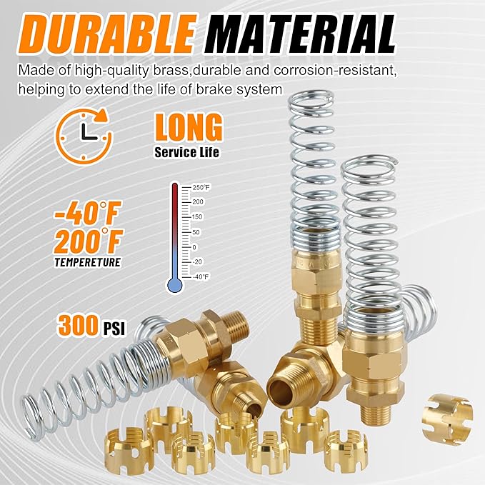 35PCS Brass DOT Air Brake Hose End Fitting Kit,5 Types Male Connector with Spring Guard, Air Brake Fitting & Sleeve Tube Assortment Kit for industrial use or trucks trailers