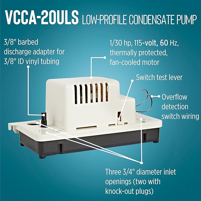 Little Giant VCCA-20ULS 115-Volt, 60 Hz, 1/30 HP, 80 GPH Low-Profile Automatic Condensate Removal Pump with Safety Switch, White/Black, 554201101
