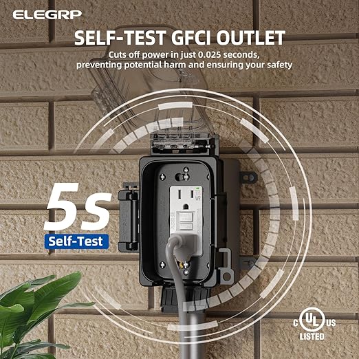 ELEGRP Outdoor GFCI Outlet with in Use Cover and Box Kit, 1 Gang, 15 Amp TRWR Self-Test GFI Receptacle, Extra Duty Metallic Electrical Outlet Box, Lockable in Use Cover, UL Listed, White, 2 Pack