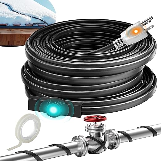 60FT Heat Tape for Water Pipes Electric Heat Tape for Water Pipe Freeze Protection, Heat Cable for Water Pipes Self-Regulating Heating Cable for Metal and Plastic Pipes, 8W/FT, 120V