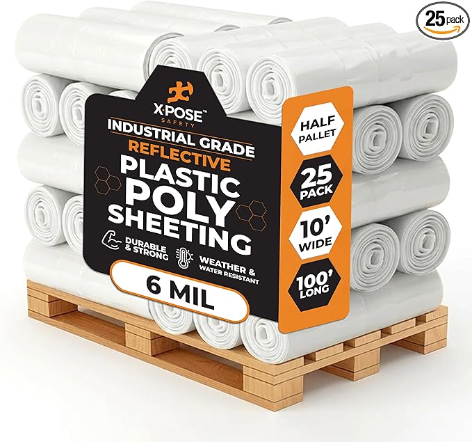 Xpose Safety Clear Plastic Sheeting (Bulk Half Pallet 25 Pack) – 10' x 100' Rolls – Heavy Duty 6 Mil Poly Sheet – Waterproof, Dustproof, Vapor Barrier – for Construction, Painting, Industrial Use