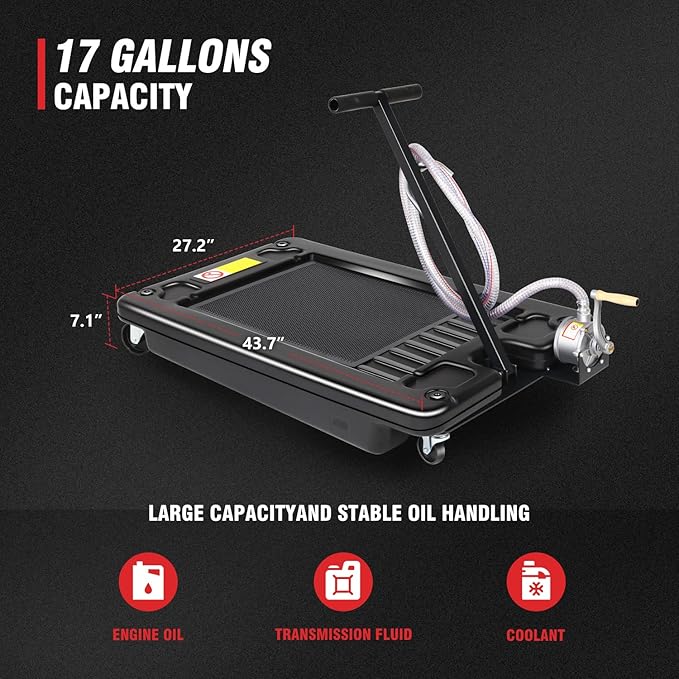DNA Motoring 17 Gallon Oil Drain Pan with Pump, Evacuation Hose, T-Handle, Low Profile for Trucks Buses RVs, TOOLS-00384