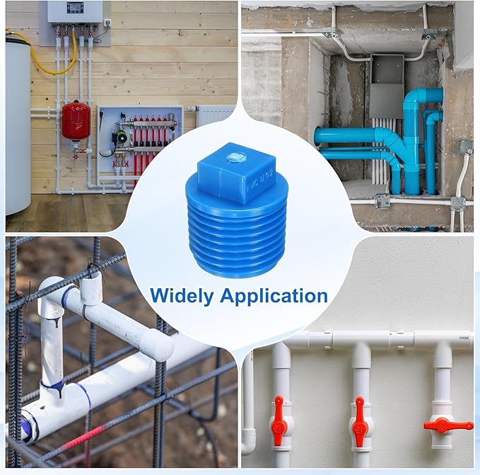 uxcell 5Pcs 1/2 Inch PT Male Thread PVC Pipe Fitting Plug, Cleanout Plugs, Water Drain End Caps Coupling Adapter with Tape for Water Heater Supply Lines, Plumbing, Blue