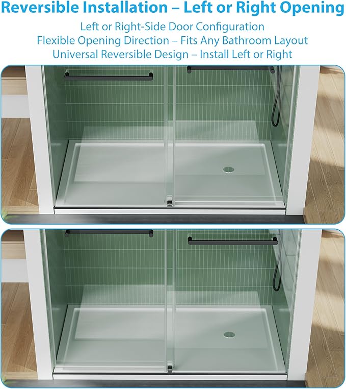 Frameless Double Sliding Shower Door - 56 to 60 Inch Adjustable Width x 74 Inch Height, 1/4" (6mm) Clear Tempered Glass with Easy-Clean, Space-Saving Bypass Design, Matte Black Finish for Bathroom