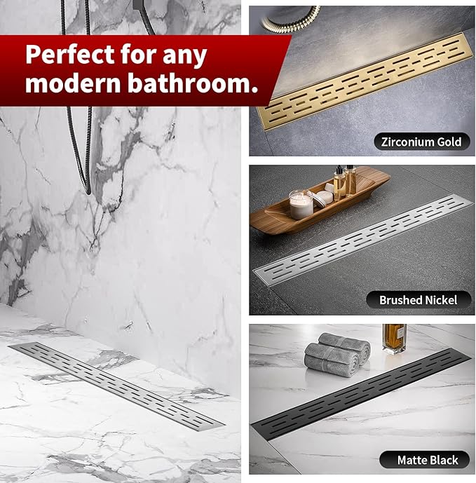 Sharp-tec Linear Shower Drain, 28 inch Shower Drain with Removable Pattern Cover, Brushed Nickel 304 Stainless Steel Rectangle Floor Drain, Adjustable Feet and Hair Strainer Included (Model 101)