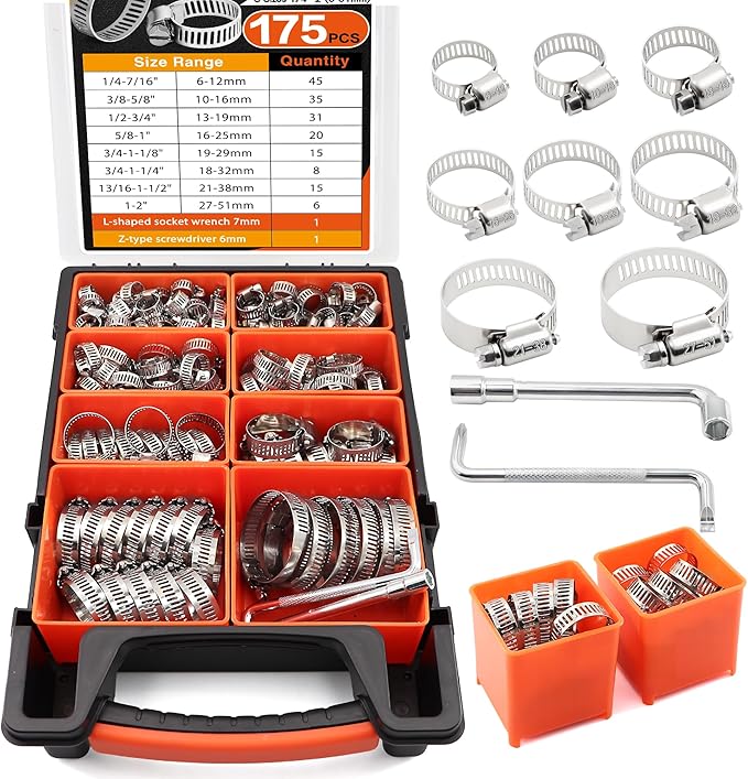 175-Piece 304 Stainless Steel Worm Gear Hose Clamps Assortment Kit,1/4-2 Inch(6-51mm) for Plumbing,Automotive,Fuel Line,Industrial,Tube,Applications