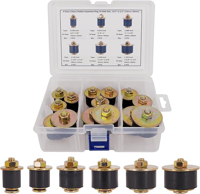 6 Sizes (14pcs) Neoprene Rubber Expansion Plug 3/4" 7/8" 1" 1-1/8" 1-1/4" 1-3/8", Automotive Rubber Freeze Frost Plug Fit Hole Size: 3/4"~1-1/2" (19mm~38mm)