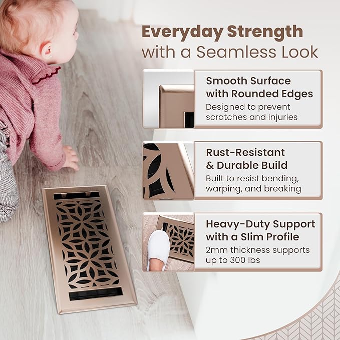 Floor Register 4x10 Vent Cover – 2 Pack – Heavy-Duty Steel, Rustproof & Walkable Grates, Drop-in Install, Adjustable Air Supply Switch - Decorative Floral Design, Satin Bronze