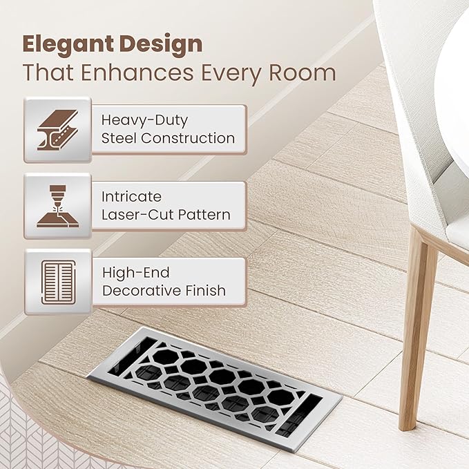 Floor Register 4x10 Vent Cover – 8 Pack – Heavy-Duty Steel, Rustproof & Walkable Grates, Easy Drop-in Install, Adjustable Air Supply Switch - Decorative Honeycomb Design, Brushed Nickel