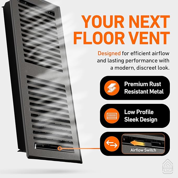 2X12 Floor Vent Covers Floor Register with Mesh Cover Trap, Heat and Air, Walkable Metal Floor Register for HVAC Duct, Contemporary, Dark Grey
