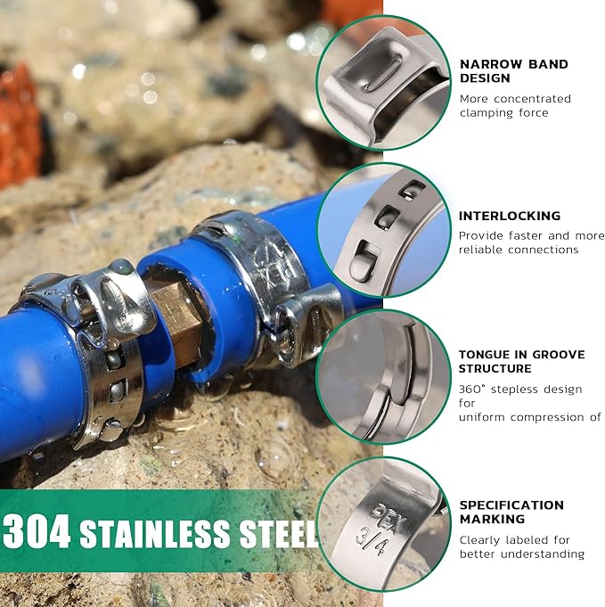100PCS 3/8 Pex Crimp Ring,304 Stainless Steel Pex Cinch Clamps,Single Ear Hose Clamps for Pex Fittings Pipe Tubing