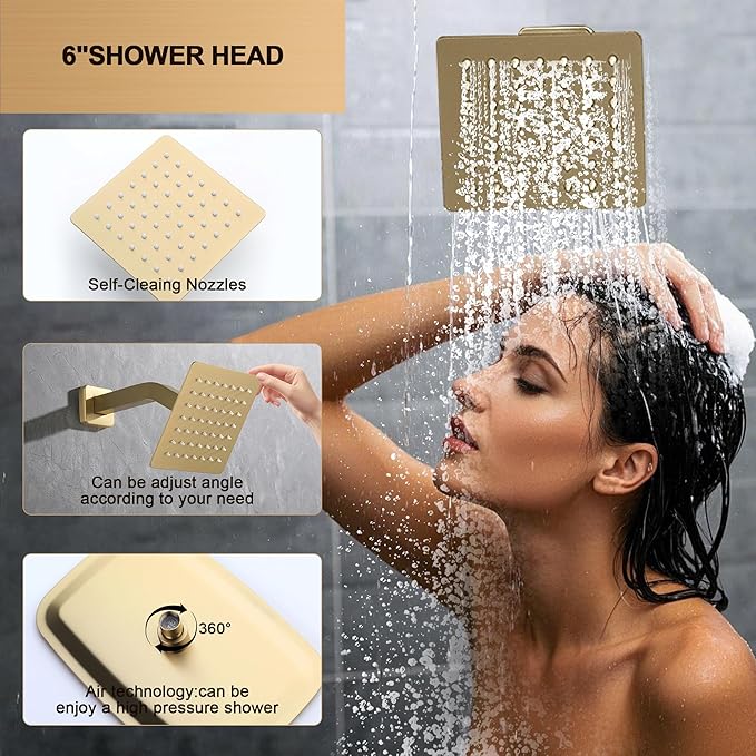 Brushed Gold Rainfall Shower System with Push-Button Diverter, Square UFO Rain Shower Trim Kit for Ceiling and Wall Mount, 2-Function Handheld Shower, Rough-in Valve, and Shower Faucet Set