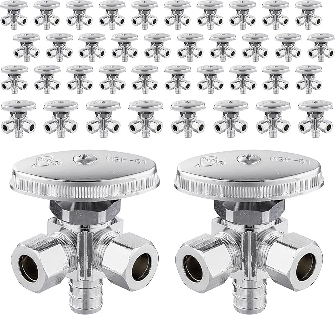 (Pack of 50) EFIELD Dual Outlet Angle Stop Valve, Multi-Turn, 1/2" Crimp Barb Pex Inlet x (3/8 inch x 3/8 inch) Compression Outlet, Chrom Plated,(VALVE063-50PCS)