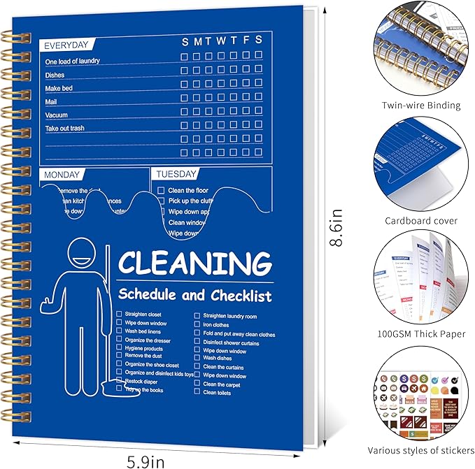 Cleaning Planner & Checklist, Undated Daily Weekly Household Cleaning Schedule Organizer, Home Cleaning Journal to Stay Neat, Organized & Stress-Free（Blue）
