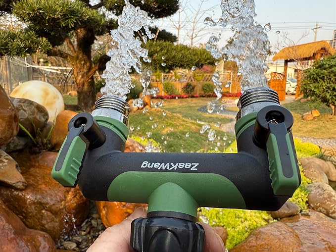 Full Flow Heavy Duty Two - Way Hose Splitter, Rugged Garden Faucet Adapter, Spout Diverter T - Way Adapter with Extended Handle, 3/4” GHT Thread, Green