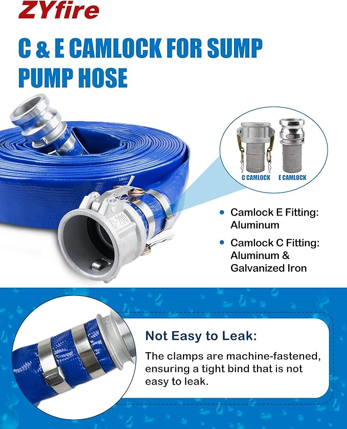 ZYfire Backwash Hose - 1-1/2" x 100 FT PVC Lay Flat Discharge Hose with Aluminum Camlock C & E Fittings Heavy Duty Reinforced Pump Discharge Hose Weather and Burst Resistant for Pool Drain, Sump Pump
